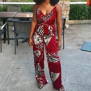 Red Satin Animal Print Jumpsuit